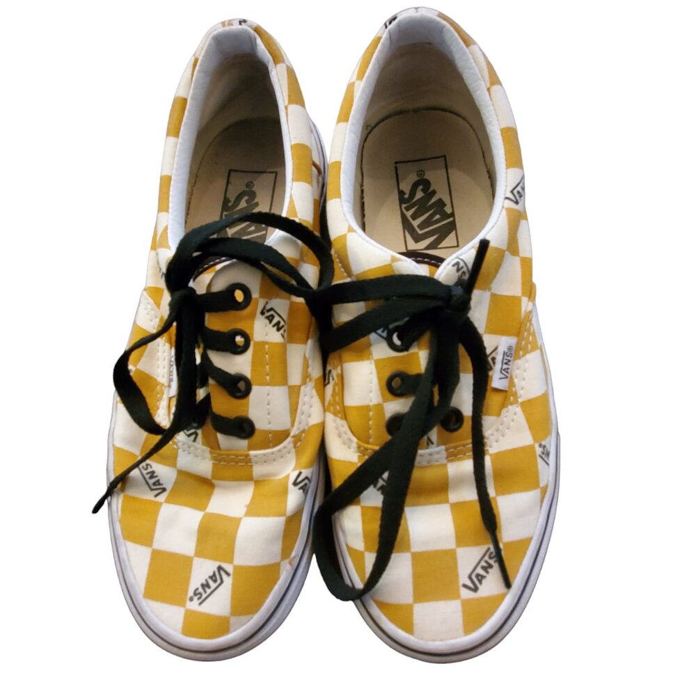 Vans yellow cream white checkered sneakers with classic laces canvas size 5.5